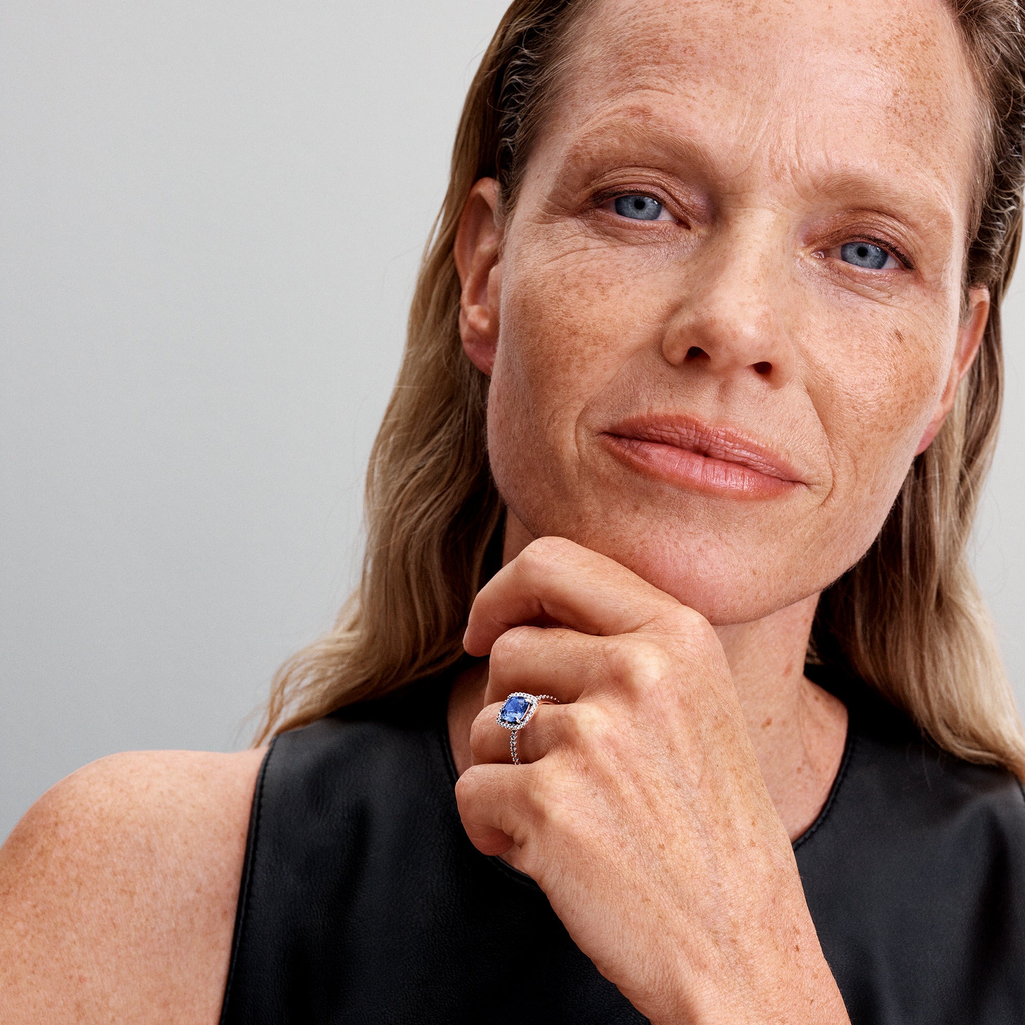 Sparkling Square Blue Halo Statement Ring