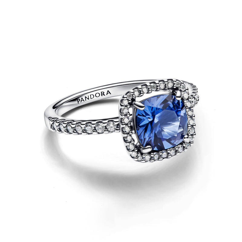 Sparkling Square Blue Halo Statement Ring