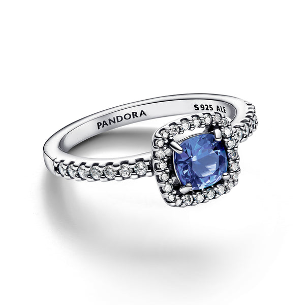 Sparkling Square Blue Halo Ring