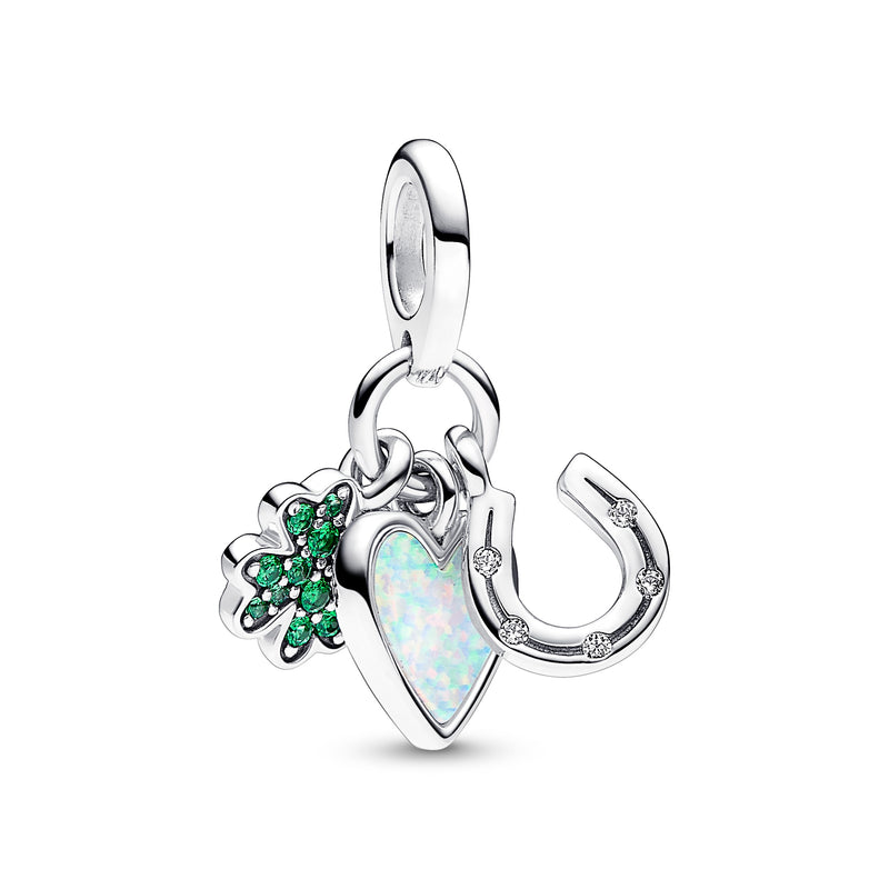 Four Leaf Clover, Heart and Horseshoe Triple Dangle Charm