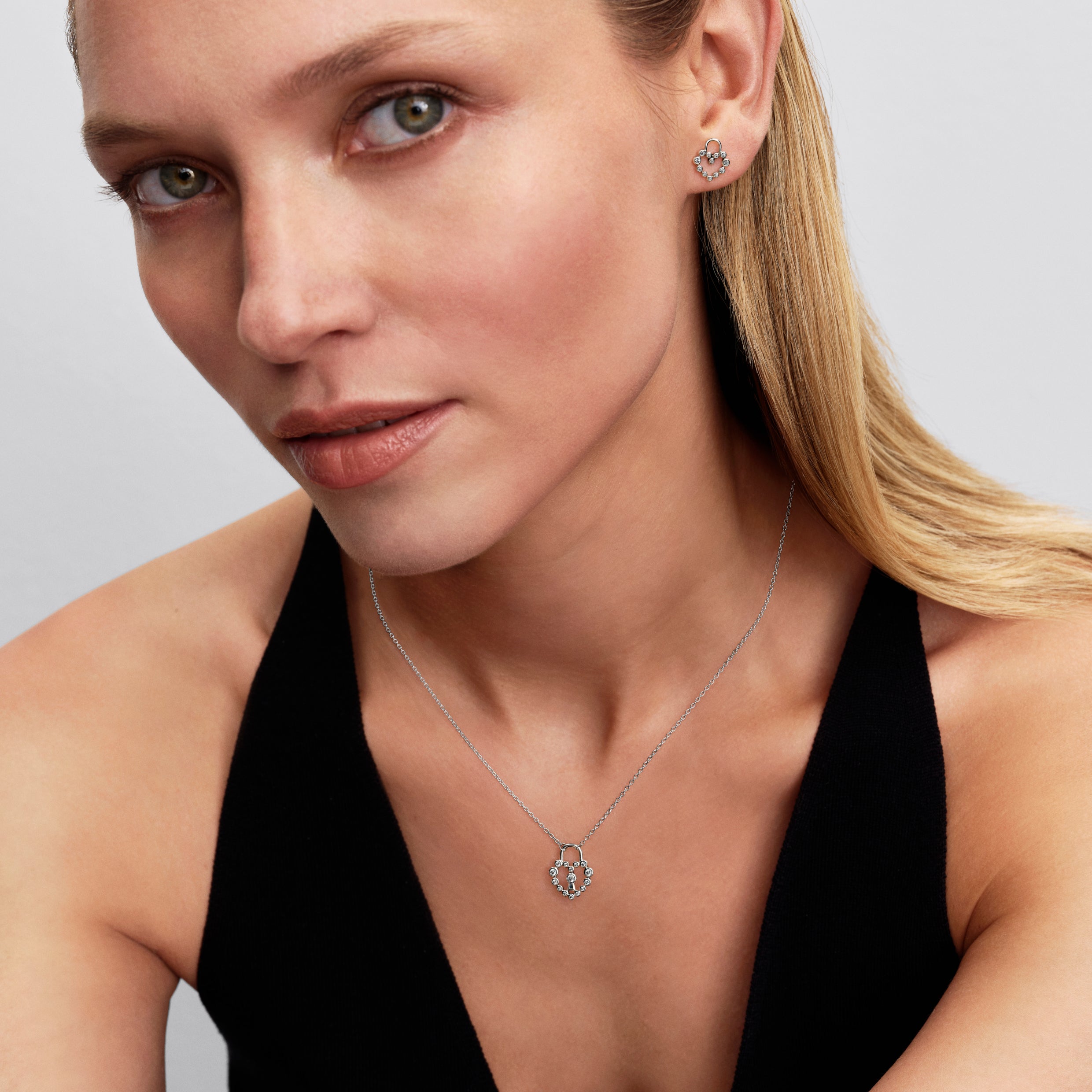 Sparkling Heart Padlock Stud Earrings