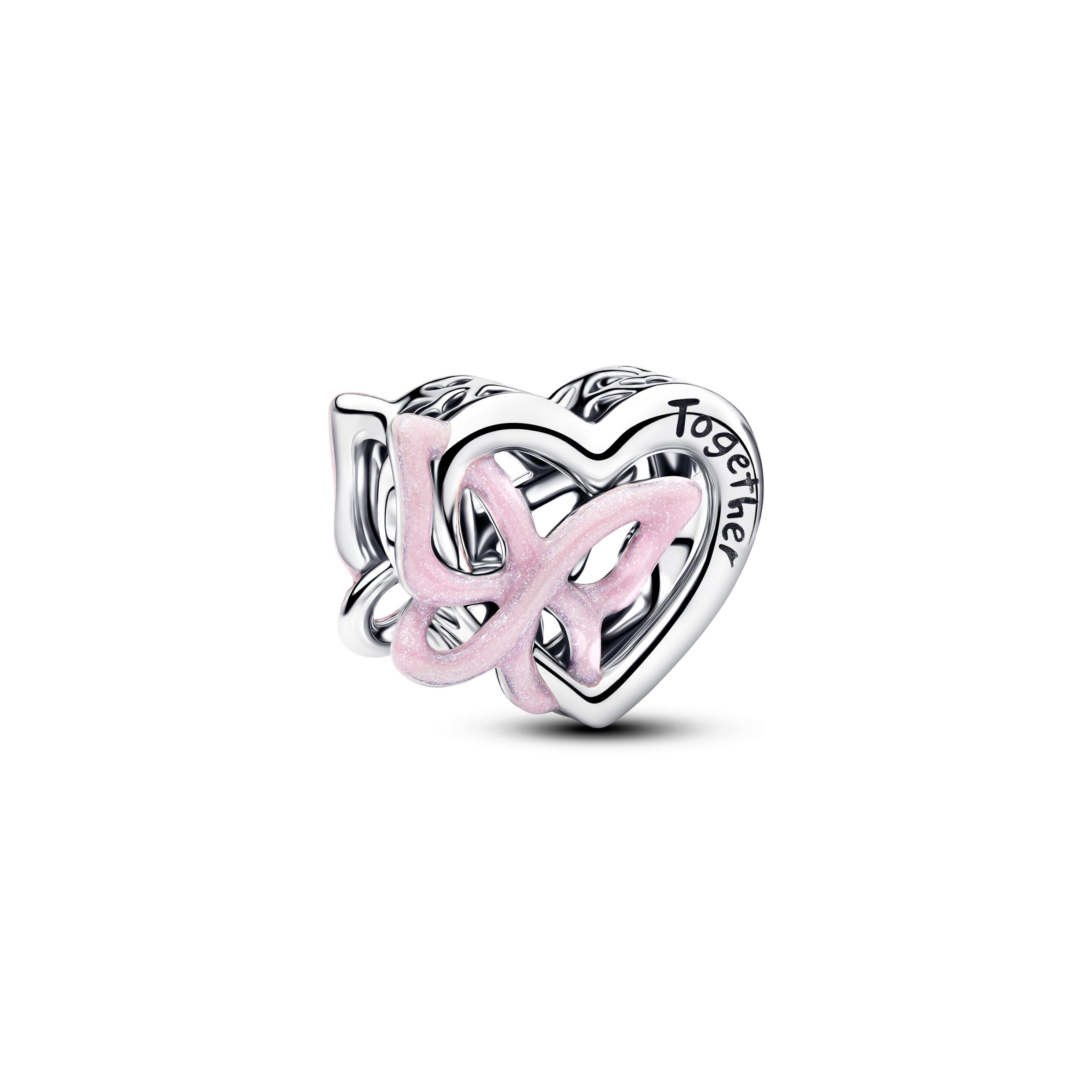 Heart and butterfly sterling silver charm with glittery pink enamel