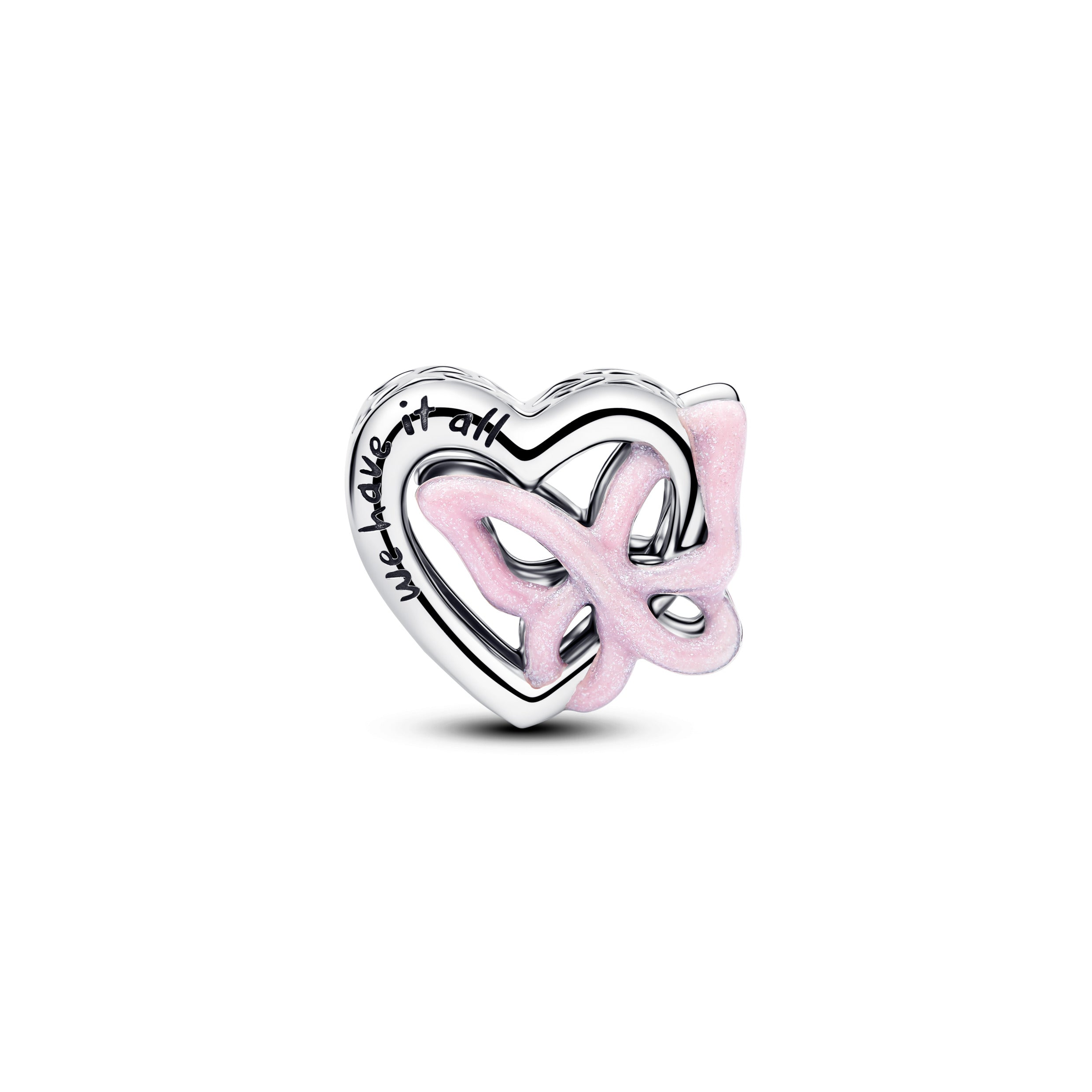 Heart and butterfly sterling silver charm with glittery pink enamel